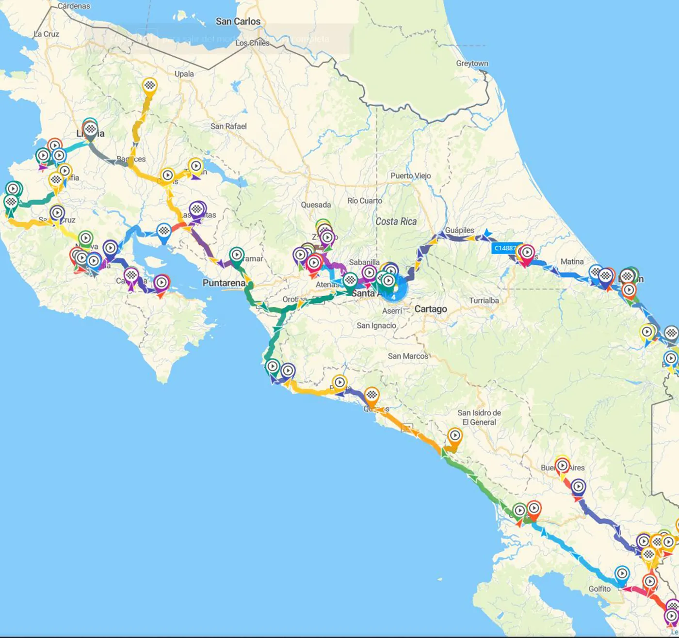 Mapa de Costa Rica con las rutas de reparto de Acuña & Hernández en las siete provincias